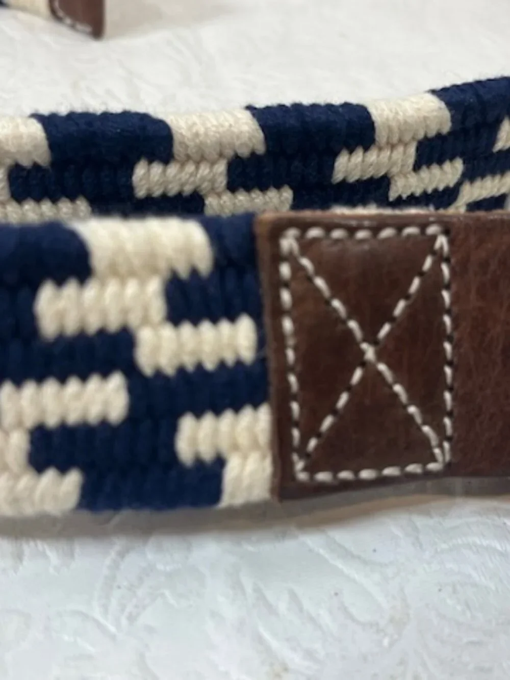 J.Crew Navy Blue & White Woven Cotton Belt Leather Trim Double D-Ring Buckle S-M